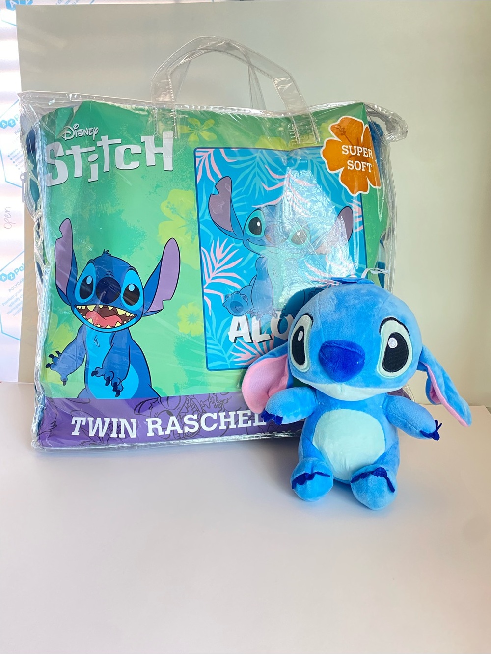 Disney Blue Stitch Plush with Matching Twin Raschel Blanket Set